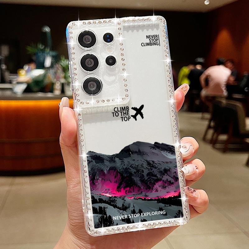 Airplane Snow Mountain Diamond Case For Samsung Galaxy A56 A55 A54 A36 A15 A16 A25 5G S25 Edge S24 Ultra S23 FE TPU Phone Cover