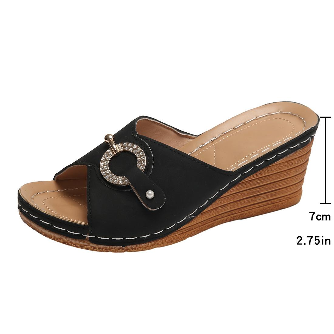 

2024 летние новые большие размеры крутые тапочки на каблуке с уклоном женские повседневные однотонные толстые тапочки модные 36 чёрный