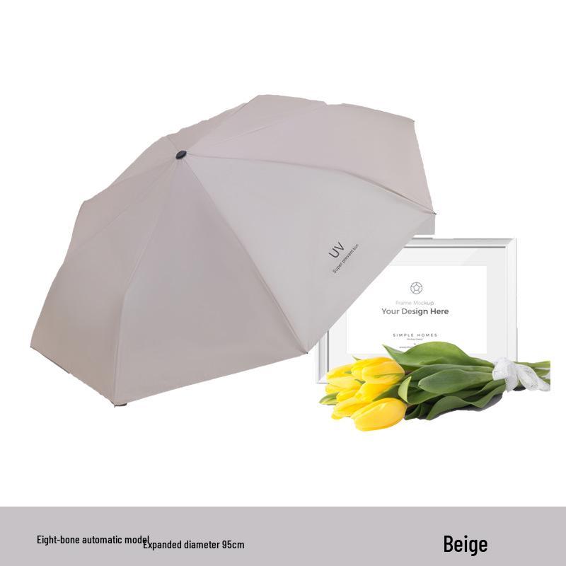 8-Rib Automatic Three-Fold Umbrella with Logo, Thickened Black Glue for Sun and Rain