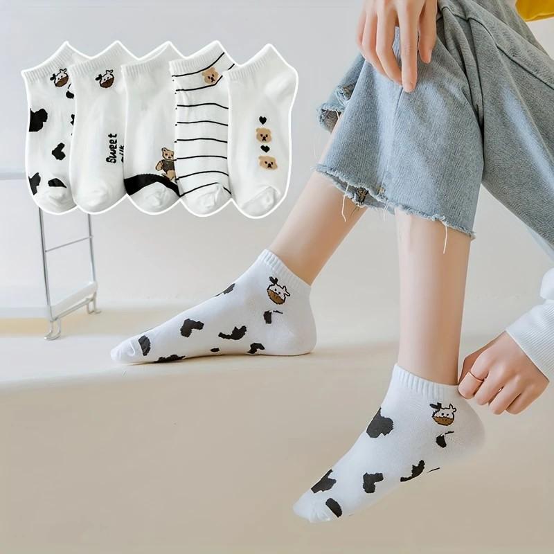 5/10/20 Pairs Women Animal Printed Short Socks Spring Summer Sweat Absorbing Breathable Comfortable Knitted Fabric Casual Socks