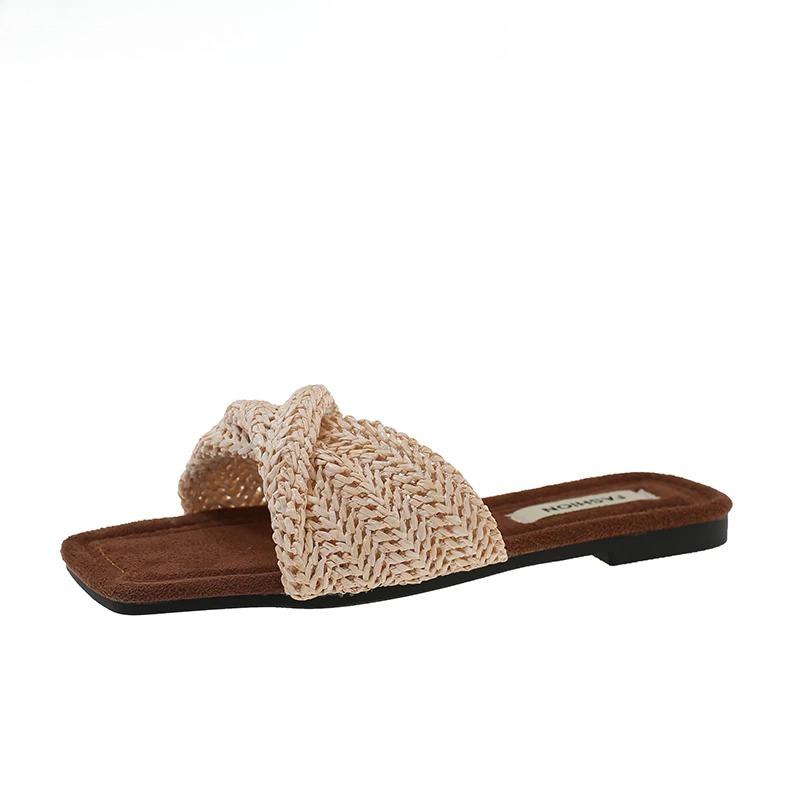 Gladiator Summer Flip Flop Women's Weave Flats Slippers Comfort Square Toe Slides Casual Beach Vacation Dress Shoes