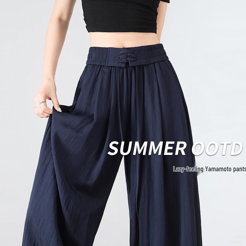 

Women s Summer 2026 High-Waist Ice Silk Wide-Leg Pants - White Milk Puff Lazy Style Medium темно-синього кольору