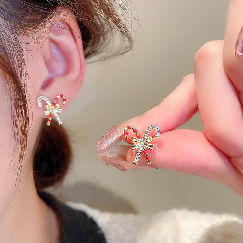 

Lovely Small Crutch Bowknot Stud Earrings For Women Shiny Rhinestone Colorful Candy Stripe Earring Girls New Year Zircon Gifts