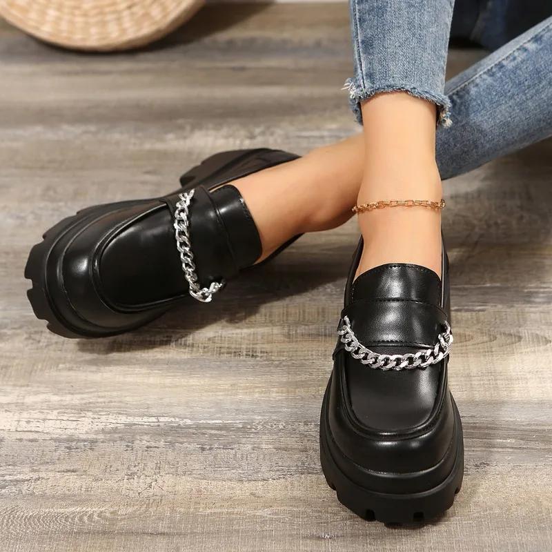 Ladies Shoes on Sale 2024 Fashion Slip on Women's Pumps Autumn Round Toe Chain Solid Dress Platform Chunky Heels Plus Size Shoes