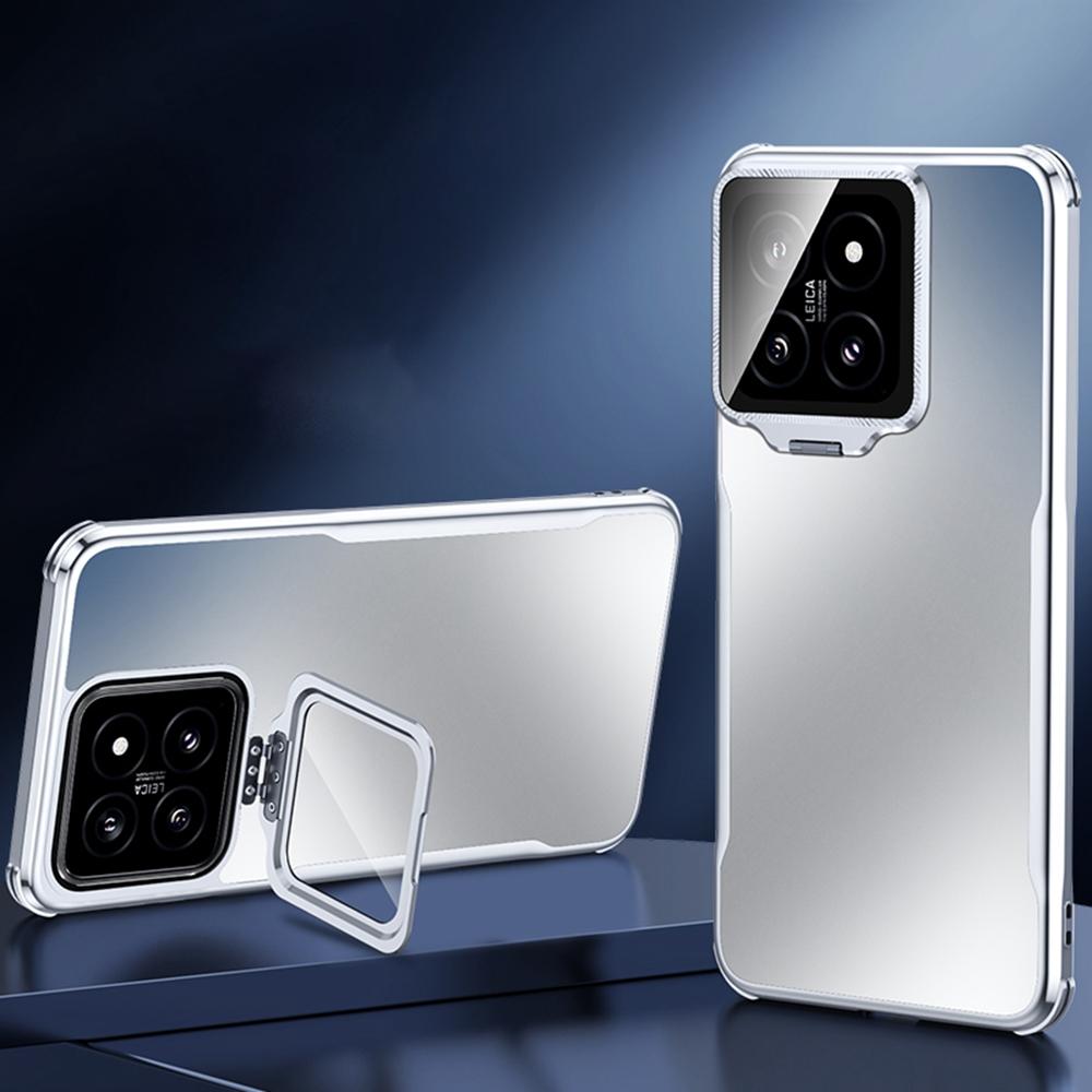 

For Xiaomi 14 Phone Case Shockproof TPU PC Back Cover with Lens Kickstand Grey