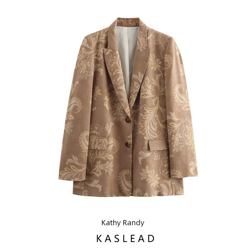 Kaslead New Women clothes European and American Wind Belt Shoulder Pad Print Lapel Pocket Decoration Blazers 2414144