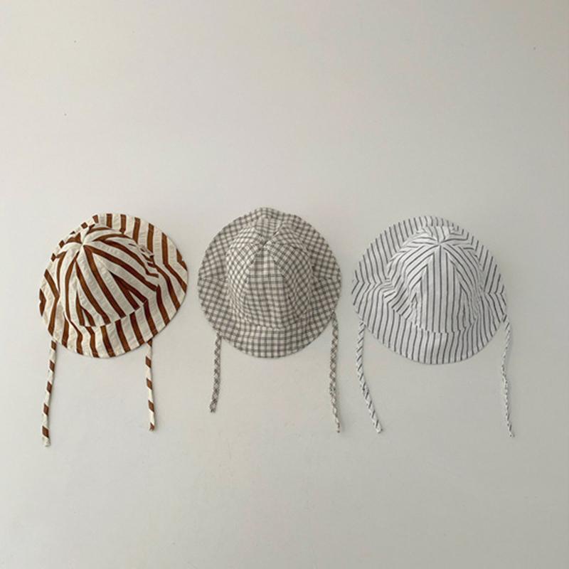 Summer Baby Bucket Hat Plaid Striped Lace-up Wide Brim Sunshade Fisherman Cap Infant Boys Girls Outdoor Sun Hats
