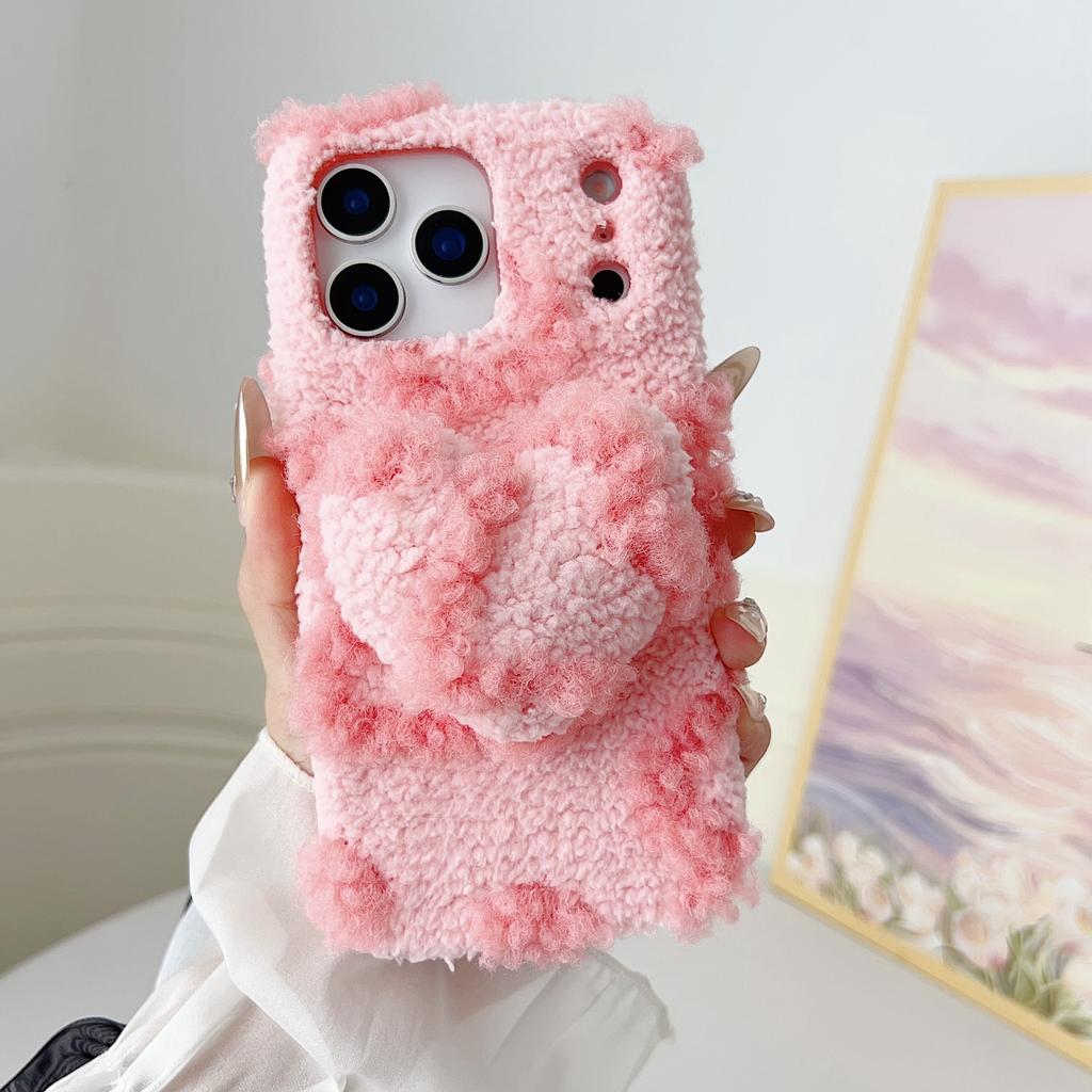 For iPhone 17 Pro Max Case 3D Heart Plush TPU Winter Warm Soft TPU Phone Cover