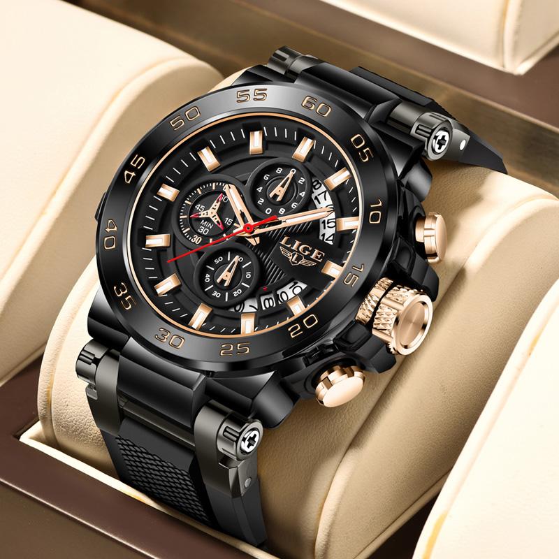 LIGE Sports Mens Watches Silicone Strap Chronograph Man Wristwatch Luminous Date Quartz Male Clock Function Small Dial Wach Box