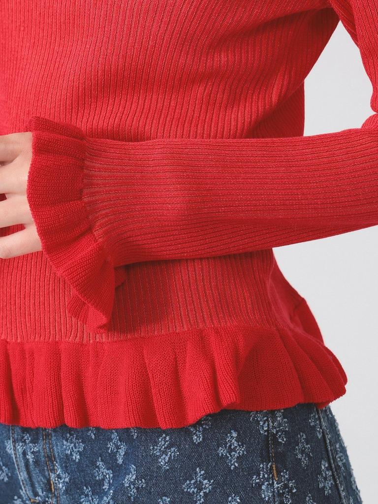 Ray Beams RIB Frill Hem Long Sleeve Knit Size Women's Sweater, Red/Free