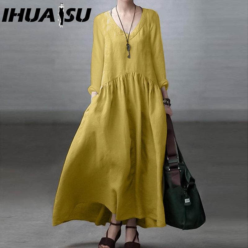 

IHUASU Хлопковое Повседневное Женское Платье V-образный вырез Длинный рукав Повседневные платья XXL жёлтый