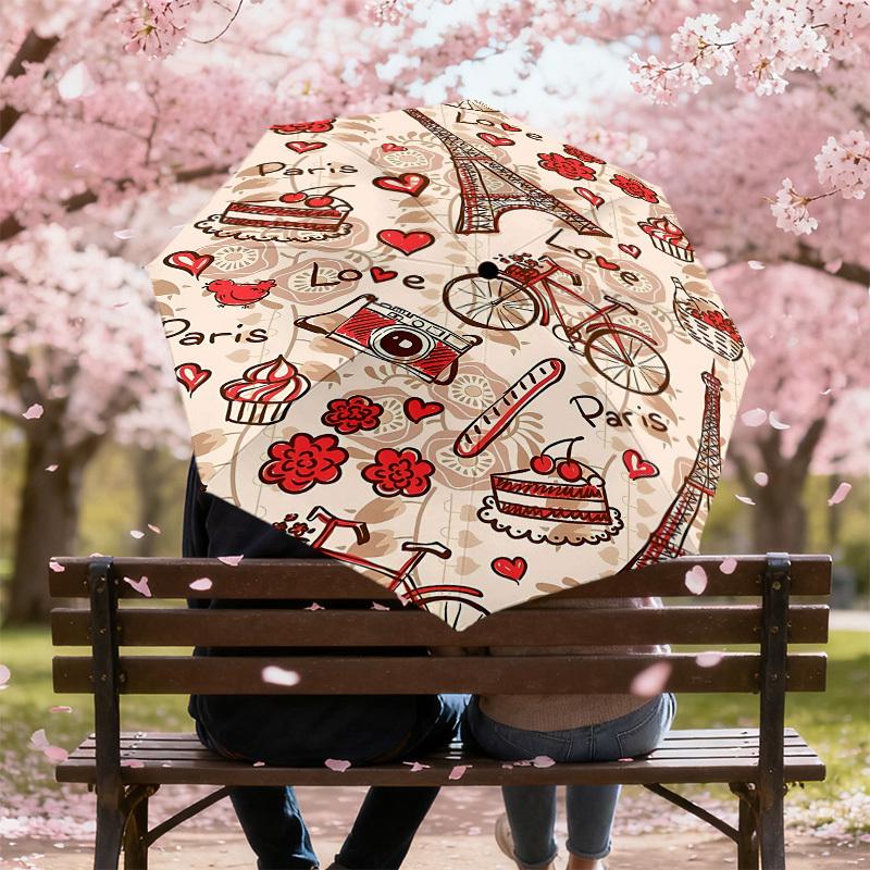 1pc Paris Love Automatic Open/Close Umbrella Compact Folding Umbrella with 8-Rib Shaft for Women/Men, Portable Travel Umbrella,1213S