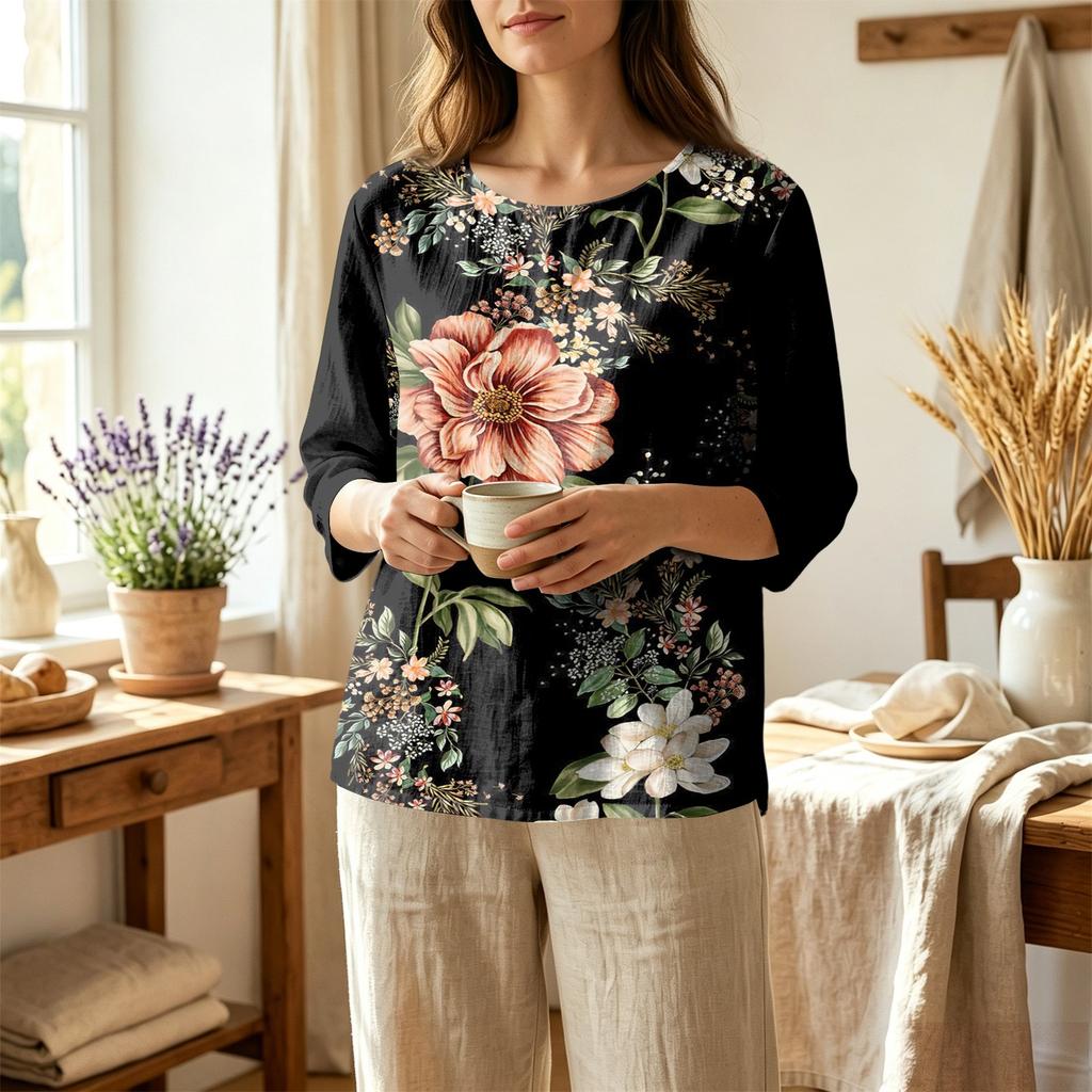 Damen Freizeitbluse mit Blumenprint, Rundhalsausschnitt, Dreiviertelärmel, Leinen-Baumwollmischung, Leicht, Bequem, Lockerer Schnitt, Oberteil für den Alltag