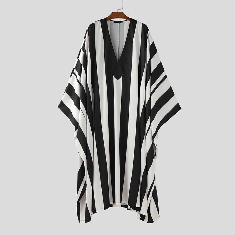 INCERUN Men V Neck Batwing Sleeve Striped Print Irregular Casual Loose Long Dress Robes
