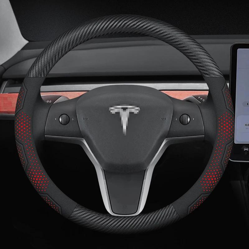 Carbon Fiber Suede Microfiber Leather Steering Wheel Cover for Tesla Model 3 Model Y Model S Model X Anti-slip Car Accessory
