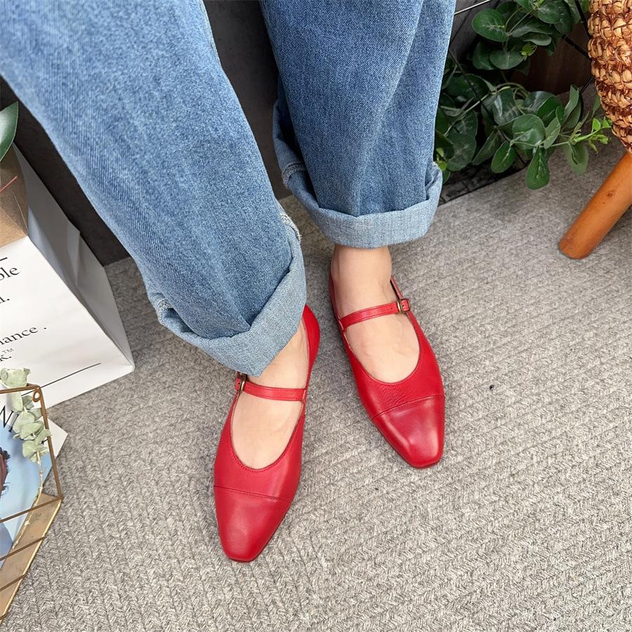 Johnature Retro Women Flats Shoes Elegant Versatile Genuine Leather Basic Buckle Strap Pointed Toe Pumps Shoes