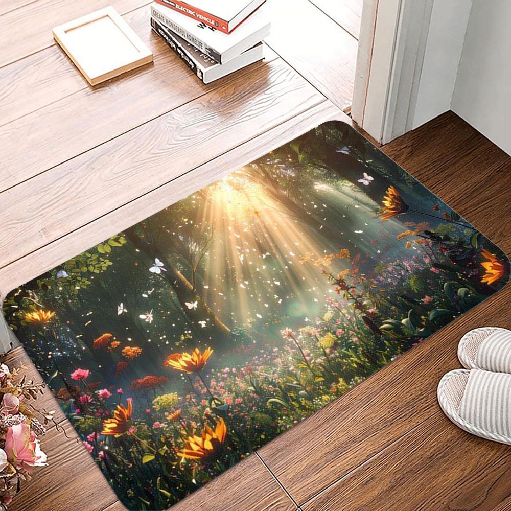 Ancient and Mysterious Primitive Forest Doormat Cherry Blossom Waterfall Welcome Mat Afternoon Sunshine Welcome Mat Encountered