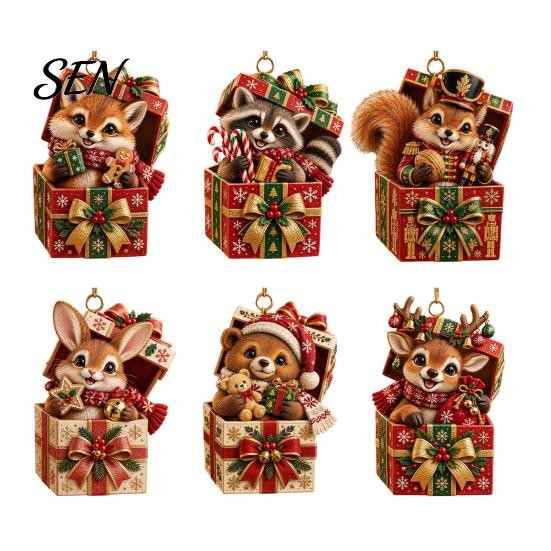 Small Animal Gift Tags for Christmas Forest Ornament, 2D Flat Acrylic Fox Reindeer Squirrel Raccoon in Tree Decoration Set Box Hanging Xmas