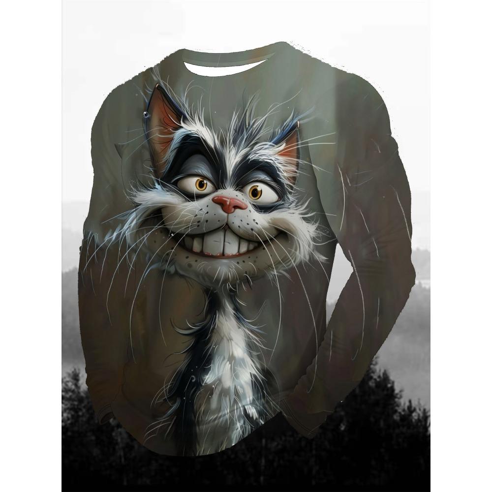 Funny Animal Design Retro Men 3D Printing Street Casual Daily Gray Long Sleeved Round Neck Shirt Spring And Autumn Clothing