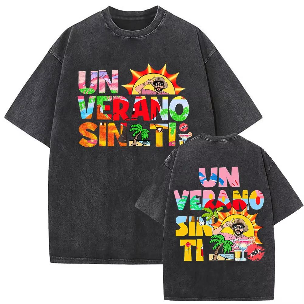 Camiseta Gráfica Bad Bunny Un Verano Sin Ti Vintage Lavada Moda Masculina Oversize Streetwear Femenina Camisetas de Algodón de Alta Calidad