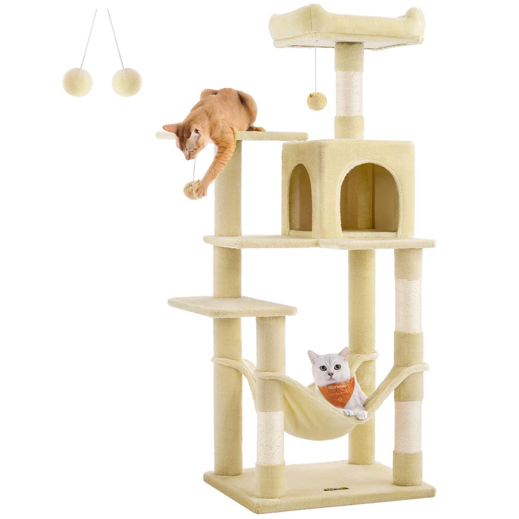 FEANDREA PCT161M01 Cat Tree Height 143 Cm Play Tower for Cats with 4 Scratching Posts, 2 Platforms, 1 Kennel, 1 Hammock, 2 Pompoms, Plush Fabric