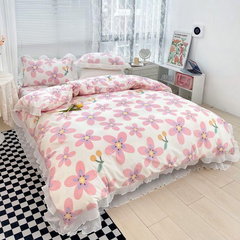 New Pure Cotton Environmental Protection Digital Printing Flower Fairy Women's Lace Large Lace Bed Cover Three-Piece Set Four-Piece Set
