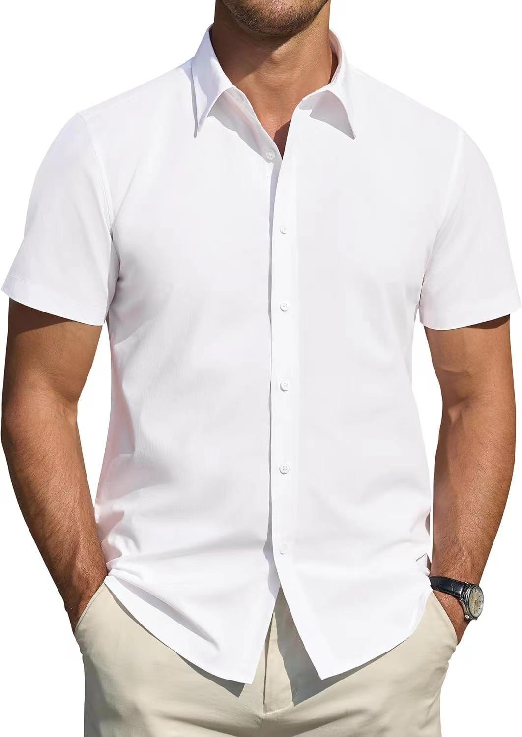 Men Solid Color Short Sleeve Slim Fit Business Casual Button Down Shirt S