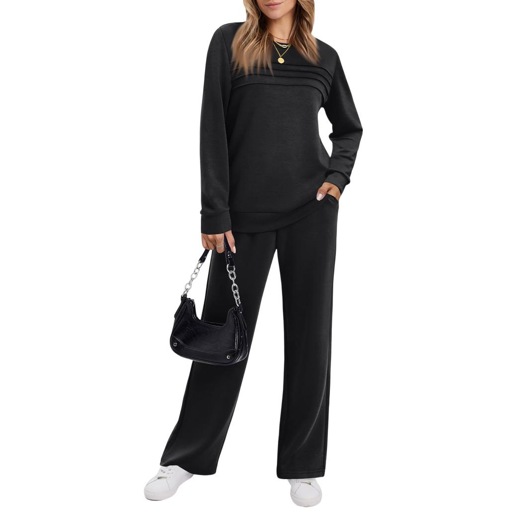 Women's Casual 2 Piece Athletic Set Color Long Sleeve Neck Sweatshirt and Wide Leg Pants with Elastic Waist