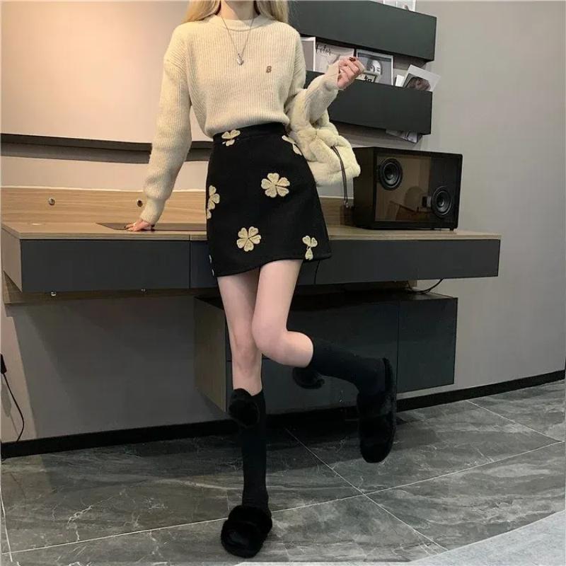 Sweet Fashion Preppy Style Autumn Winter New Women's Woolen Embroidered Zipper Korean Casual High Waist Slim Short A-line Skirt