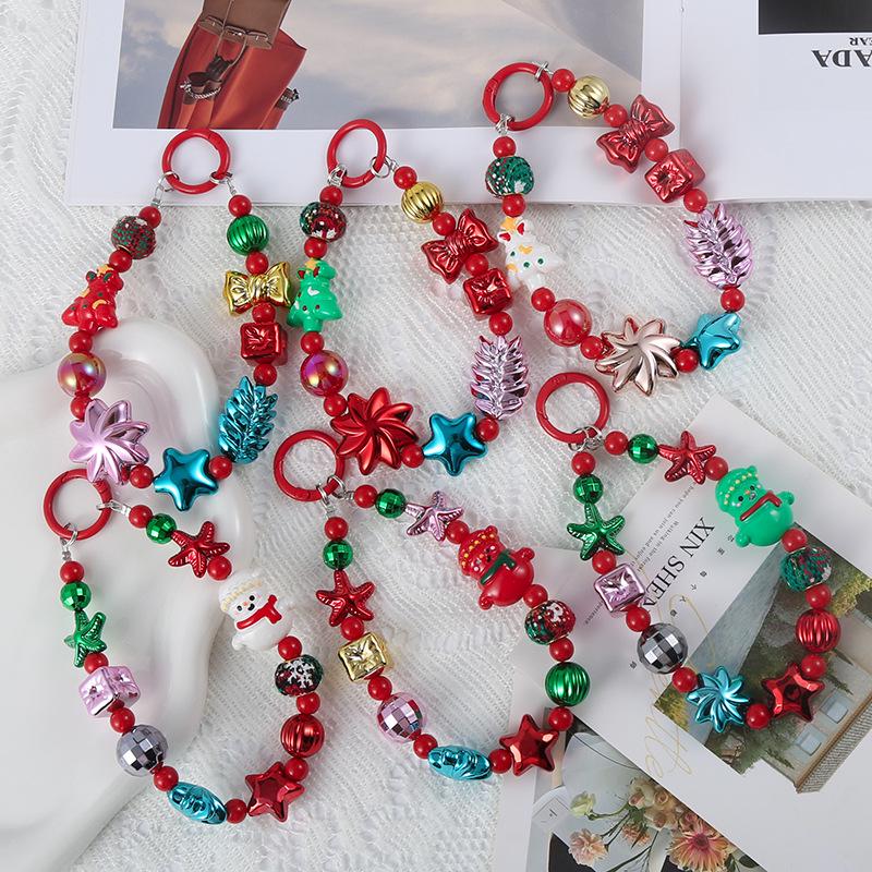 New High-End Christmas Beaded Phone Lanyard with Snowman and Tree Keychain, Festival Hanging Ornament, Bag Pendant