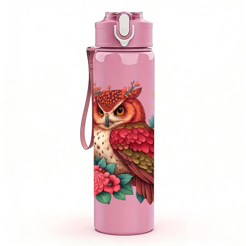 1PC Floral Wreath Red Bird 750ml Color Plastic Sports Water Bottle Leakproof Flip Straw Lid Suitable for Sports Office Home Use