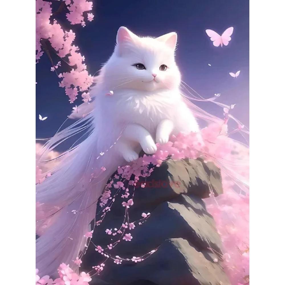 Pictura cu diamant Drill complet drăguț pisică albă pătrat rotund pictură cu diamant peisaj cu flori realizate manual Diy pictură cu mozaic cu diamante decorarea casei