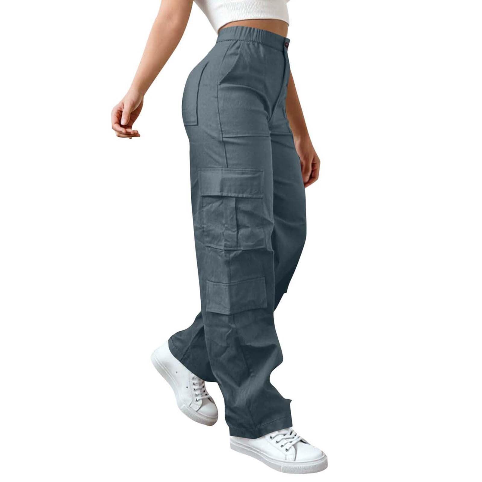

Womens Elastic High Waisted Cargo Pants Stretch Casual Wide Leg Streetwear Parachute Hiking Pants With Pockets S тёмно-синий