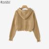 ZANZEA Autumn Women Long Sleeve Zip-up Rib Knitted Irregular Hooded Sweaters