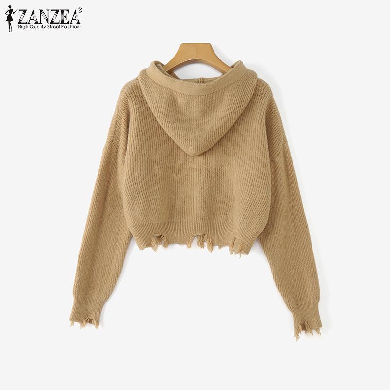 ZANZEA Autumn Women Long Sleeve Zip-up Rib Knitted Irregular Hooded Sweaters