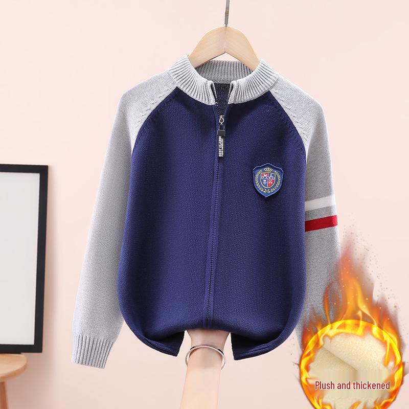 Jungen Baumwoll-Strickjacke mit Fleecefutter und Reißverschluss: Dickstrick für große Kinder, Herbst-/Winter-Oberbekleidung