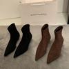 2025 Autumn and Winter Pointed Thin Heel Sexy Short Boots Women's Black Suede High Heel Socks Bare Boots Internet Celebrity Elastic Thin Boots