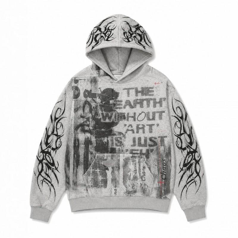 American Retro Graffiti Distressed Hoodie All Over Print Tribal Thorn Loose Pullover Sweatshirt