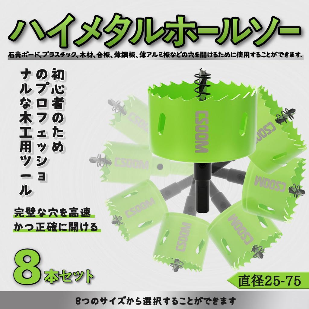 The CSOOM 8-piece hole saw set comes in sizes ranging from 25mm to 75mm and is ideal for wood, thin PVC, drywall, plastic, and more.