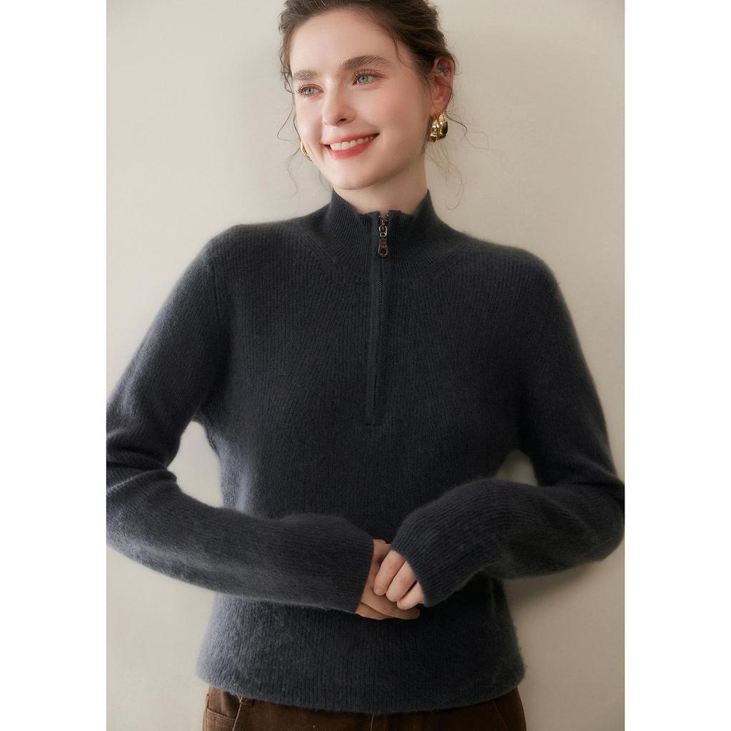 2025 Autumn/Winter Women's Thickened Cashmere Half-Zip Sweater - Loose Fit & Slimming Solid Color Pullover