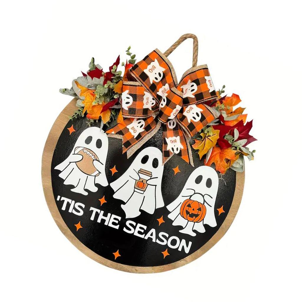 30cm Halloween Ghost Door Hanger With Maple Leaf Decor Eco Friendly Wooden Fabric Wall Art For Holiday Party Indoor Outdoor Decoration