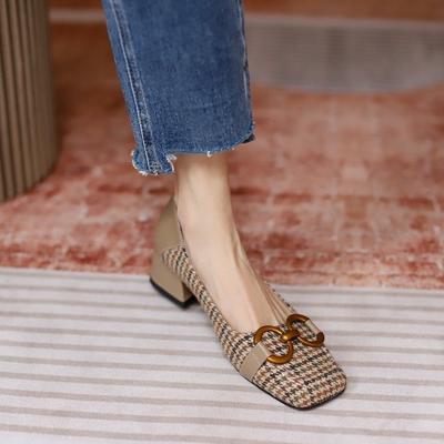 Chidori Plaid Cloth Thick with Square Head Single Shoes Female Metal Buckle Leather Comfortable and Versatile High Heel Women's Shoes Beans Shoes