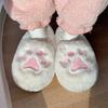 Women's Cute Korean Style Heart Plush Winter Slippers with Cat Paw Design and Soft Full Heel