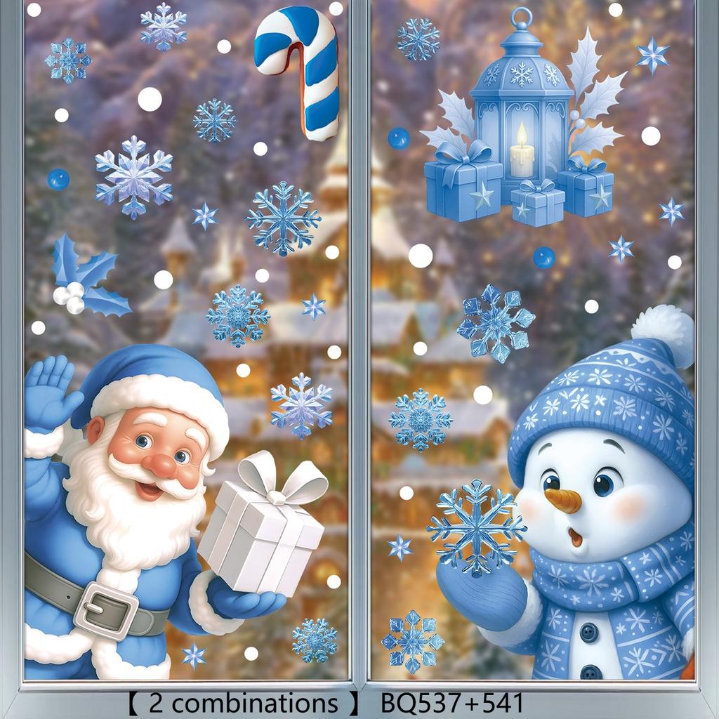 2/4Sheets Christmas Window Clings Decorations Cute Funny Double-Sided Static Stickers,with Blue Frozen Winter Pattern Wallpapers