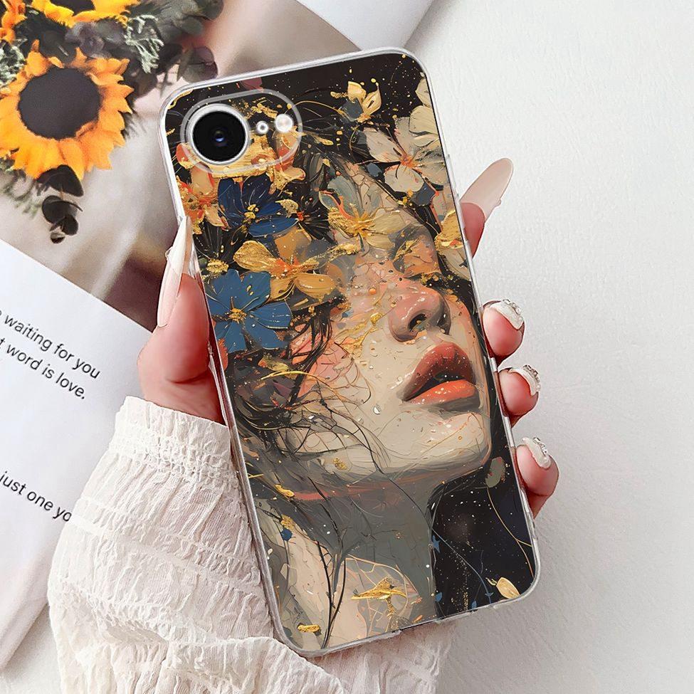 Clear For iPhone 16e A3212 A3409 A3410 A3408 Cover For iPhone 16e Case Fashion Luxury Flowers Cute Funny Painted Soft Bumper