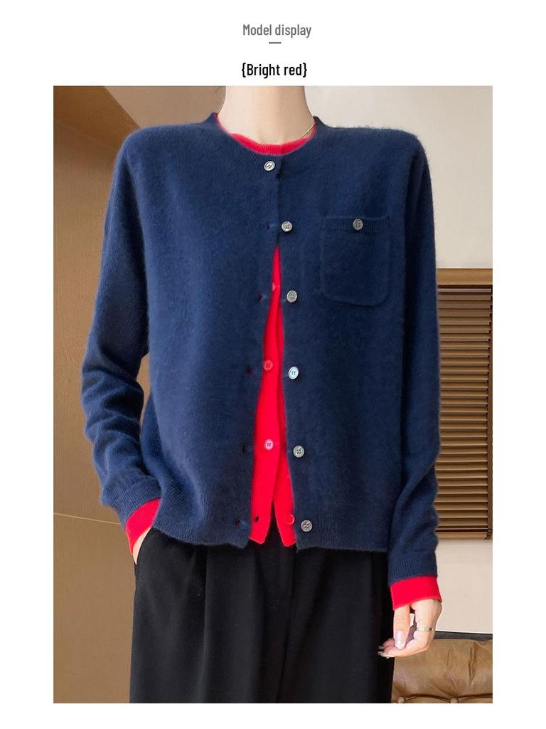 Women's 100% Wool Cardigan, Fake Two-Piece, Slimming Round Neck, Lazy Style Sweater Coat for Spring & Autumn