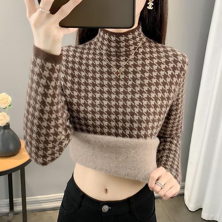 

DAFIFY Женские модные повседневные осенне-зимние свитера с длинным рукавом и полуворотником с принтом «гусиная лапка» Size: One Size