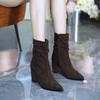 Fashion Side Zip Wedge Single Boots Fall New Pointed Toe Pleated Suede Anti-Slip Wear-Resistant Booties