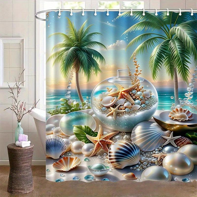 1Pc Tropical Beach Shower Curtain With Starfish & Seashells Design - Vibrant Palm Trees & Ocean Scene, Polyester, Machine Washab