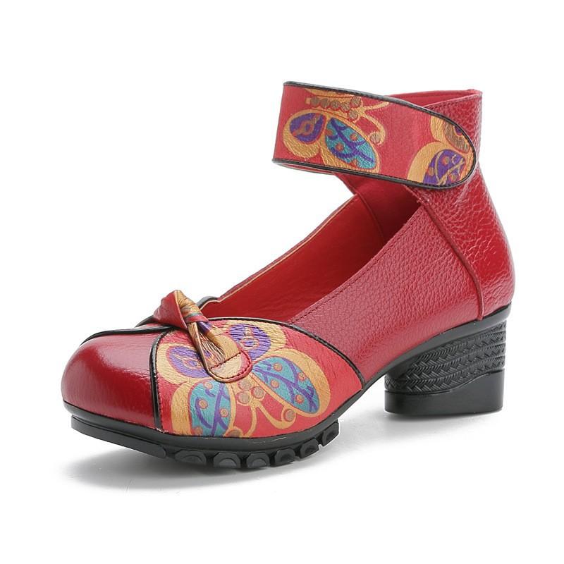 Spring New Top Layer Cowhide Low Heel Soft Sole Shoes for Women's Shoes for Ethnic Style Genuine Leather Printed Single Shoes